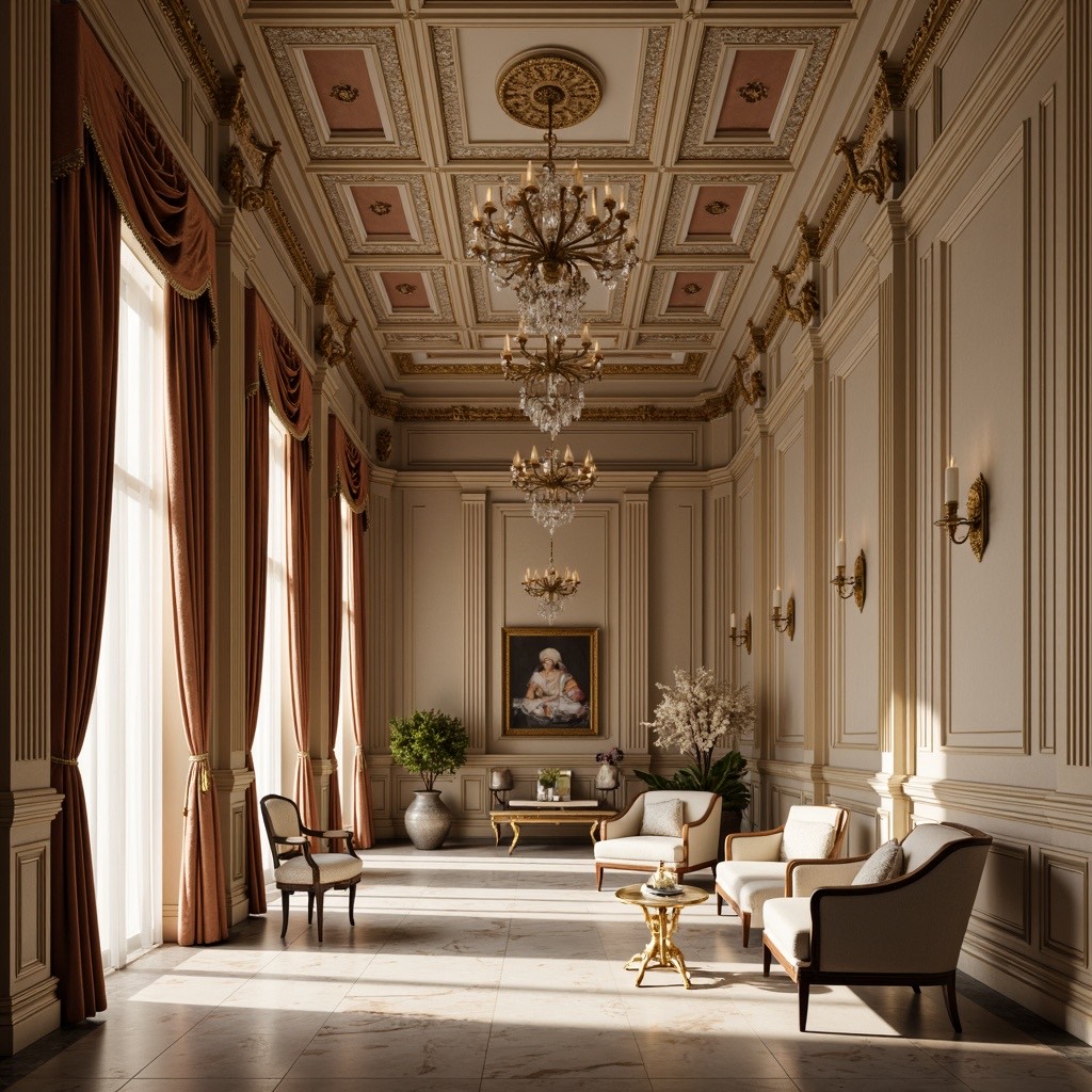Salone d'epoca con soffitto a cassettoni, lampadari di cristallo e poltrone chiare
