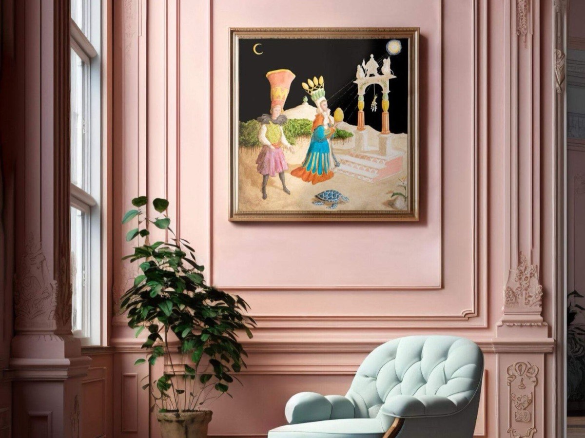 Stanza con boiserie rosa, quadro, pianta e poltrona azzurra